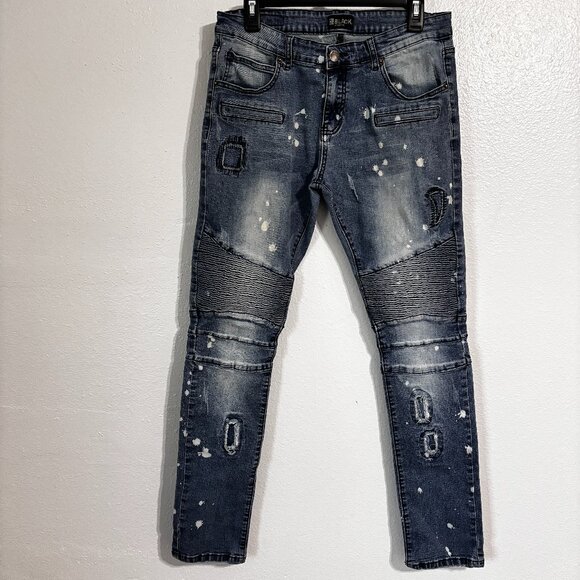 CJ Black Premium Skinny Flex Jeans 34x34 Moto Distressed Paint Splatter Denim - Picture 1 of 14